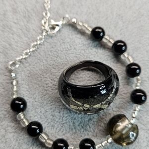 Chic Black and Silver Ring/Bracelet Set